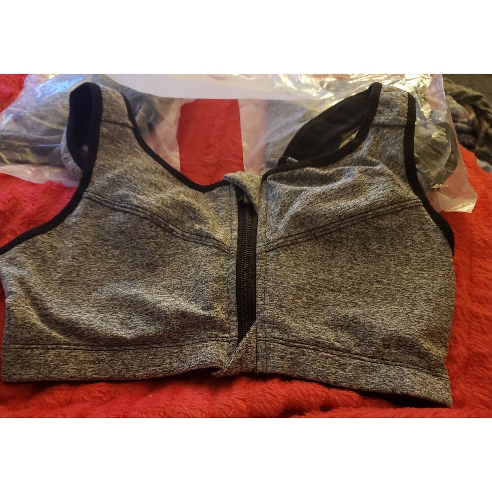 Gray and Black Women's Sports Bra with Front Zip Closure, Wireless